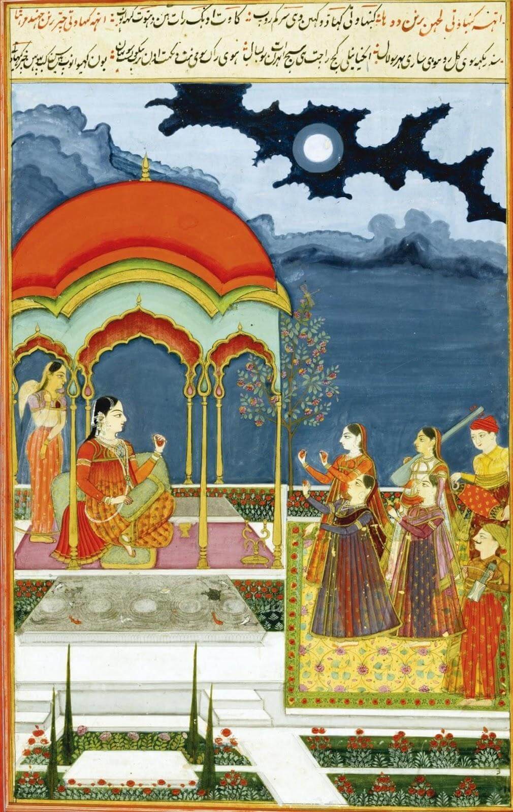 Figure 4: Loose folio depicting Khambavati Ragini, from a dispersed Rag Darshan manuscript. Opaque watercolour, gold, and ink on paper. Late eighteenth century. Sold at Sothebys, April 2013. https://www.sothebys.com/en/auctions/ecatalogue/2013/arts-of-the-islamic-world-l13220/lot.74.html.
