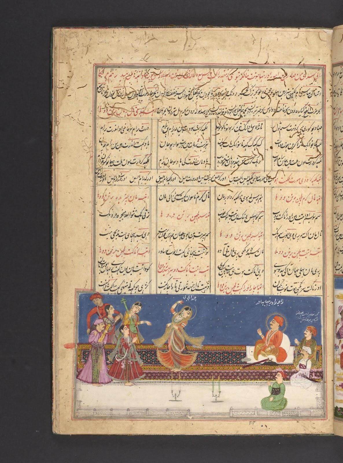 Figure 5: Detail of Mah Laqa Bai dancing, labelled ‘Chanda Bibi’. Khushhal Khan’s Rag Darshan, fol. 24r. Opaque watercolour, gold and ink on paper. Folio dimensions 36.2x25cm. Circa 1799-1804. From the Lawrence. J. Schoenberg Collection, University of Pennsylvania Libraries. UPenn LJS 63. Raja Rao Ranbahadur is also depicted with a halo.