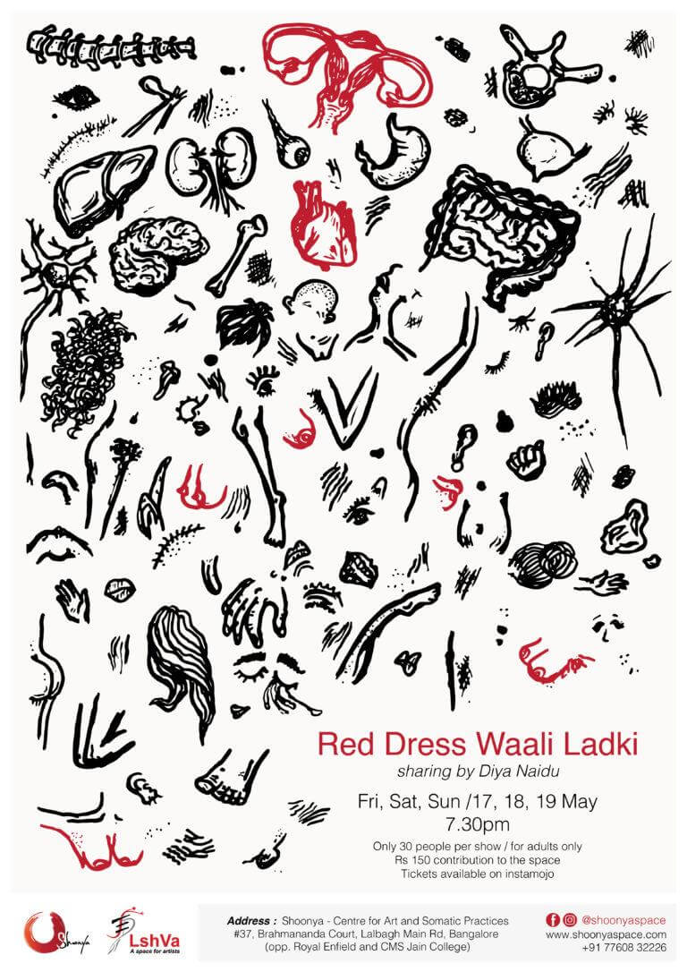 “The Red Dress Waali Ladki Poster, with doodles of disconnected, singular body parts: some in red, some in black”. Downloaded from http://shoonyaspace.com/event/red-dress-waali-ladki/, Nov, 2020.